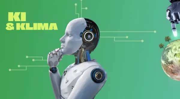Ein nachdenklicher Roboter blickt auf die Erde, während ein Roboterfinger auf sie zeigt. KI & Klima: die Welt in der Zukunft.