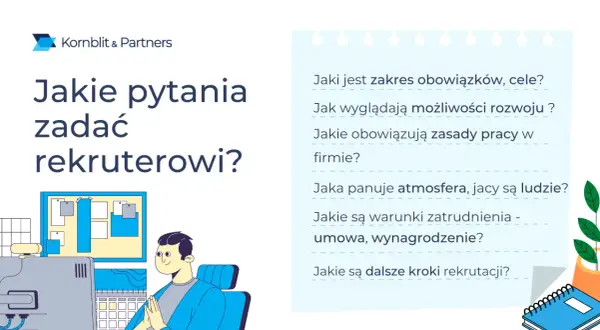 Ilustracja pokazuje, jakie pytania zadać rekruterowi, aby dowiedzieć się o obowiązkach, rozwoju, atmosferze i warunkach zatrudnienia.