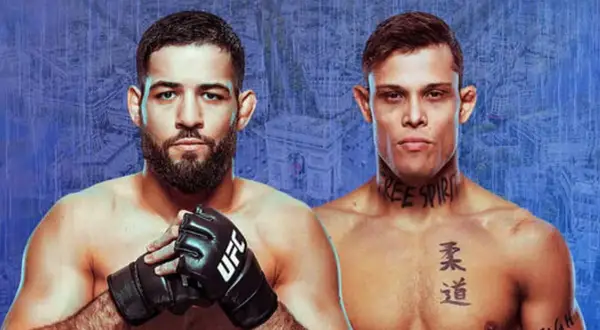 Två UFC-fighters, en med UFC-handske, poserar framför en blå bakgrund med Paris silhuett.