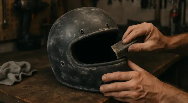 Mani che carteggiano un casco da moto vintage, preparandolo per verniciare.