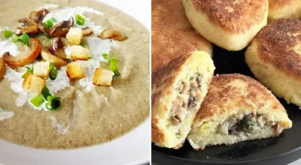 Krem z pieczarek z grzankami i zieloną cebulką obok kotletów ziemniaczanych z farszem grzybowym.