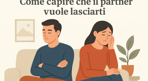 Coppia seduta sul divano, distanti, con espressioni tristi. Lei si tiene la testa, lui ha le braccia conserte. "Non so se lasciare il mio ragazzo" è il pensiero che aleggia.