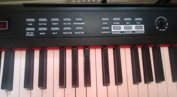 Czarno-białe klawisze cyfrowego pianina. Zastanawiasz się, ile klawiszy ma pianino? Ten model ma ich 61.