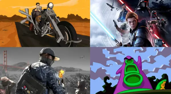 Cztery sceny z gier: motocyklista na pustyni, postacie z Gwiezdnych Wojen, haker w San Francisco i fioletowa ośmiornica. Idealne dla graczy Xbox, szukających przygody.