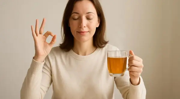 Donna con gli occhi chiusi tiene una tazza di tè e fa il gesto "ok", suggerendo sollievo per il reflusso gastroesofageo rimedi.