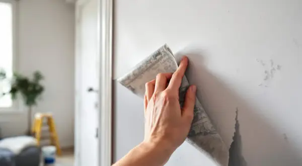 Main tenant enlève du papier peint, montrant comment enlever les résidus de colle sur un mur.