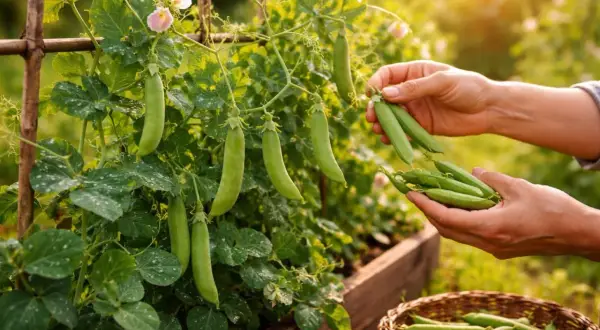 Hände ernten frische Erbsen von Pflanzen. Ein Korb voller Erbsen steht bereit.