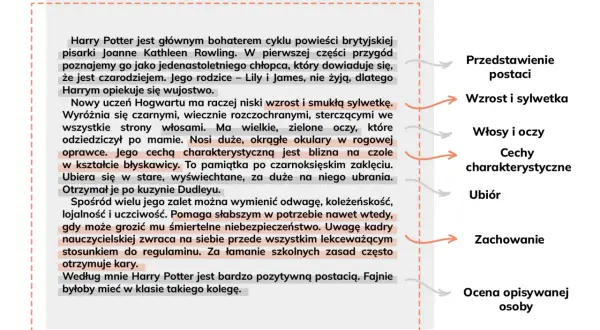 Fragment tekstu o Harrym Potterze z wyróżnionymi cechami postaci i ich opisami.