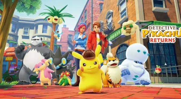 Pikachu i jego przyjaciele w grze detektyw pikachu 2 przemierzają miasto. W tle logo gry.