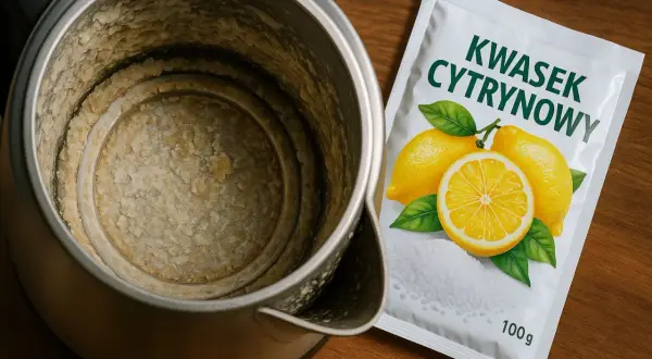 Zwapniony czajnik i opakowanie kwasku cytrynowego. Dowiedz się, jak odkamienić kwaskiem cytrynowym, by przywrócić mu blask.