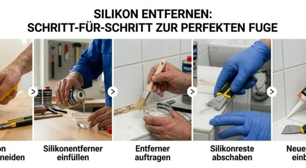 Schritt-für-Schritt-Anleitung zum Silikon entfernen: Herausschneiden, Entferner auftragen, Reste abschaben und neues Silikon einbringen für eine perfekte Fuge.