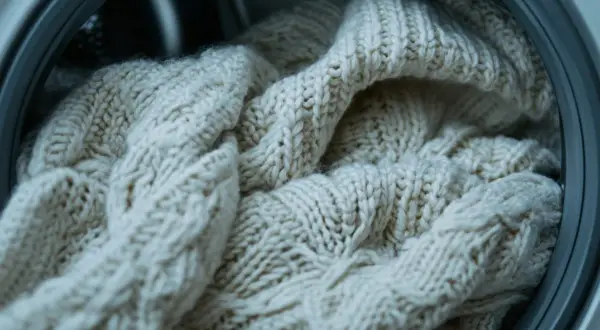 Ciepły, beżowy sweter z warkoczami w bębnie pralki. Chcesz wiedzieć, jak zmniejszyć sweter wełniany?
