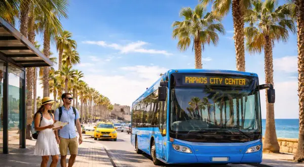 Para turystów na Cyprze czeka niebieski autobus miejski. Komunikacja miejska w Paphos ułatwia zwiedzanie.