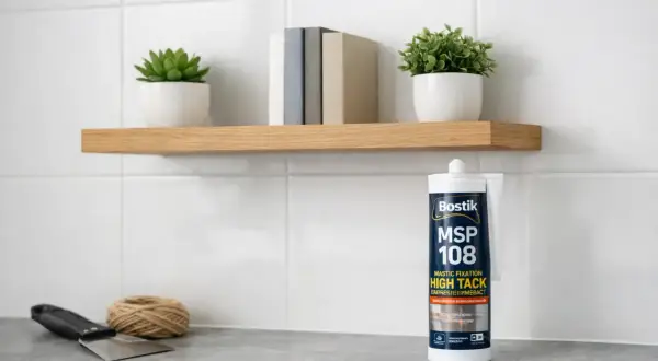 Tube de mastic Bostik MSP 108, idéal pour coller du métal. Une spatule et de la ficelle sont à proximité.