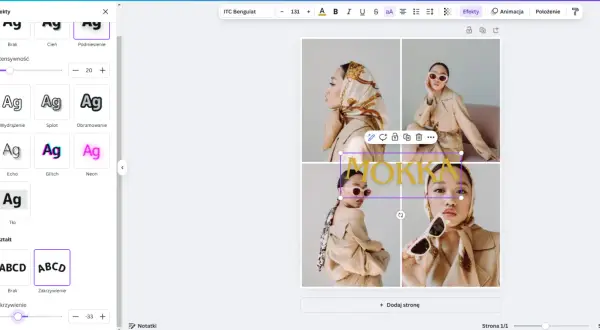 Edytor graficzny, gdzie można tworzyć projekty, np. plakaty. Widoczne opcje efektów tekstowych, jak "Glitch" czy "Neon", pokazują, co to Canva.
