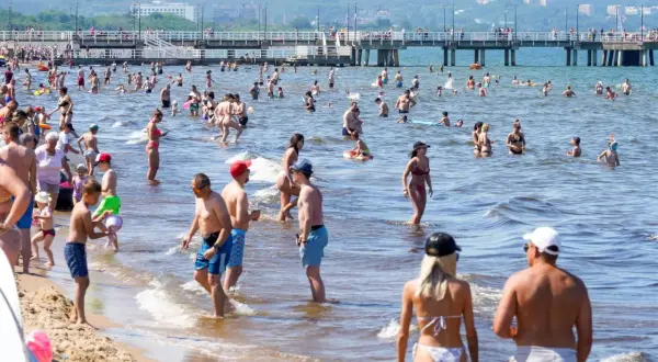 Tłum ludzi kąpiących się w Bałtyku przy słonecznej pogodzie, w tle molo.