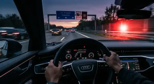 Fahrt auf der Autobahn bei Dämmerung, Hände am Lenkrad eines Audi. Verkehrsschilder zeigen Richtung Dresden/Chemnitz. 132 bkat.