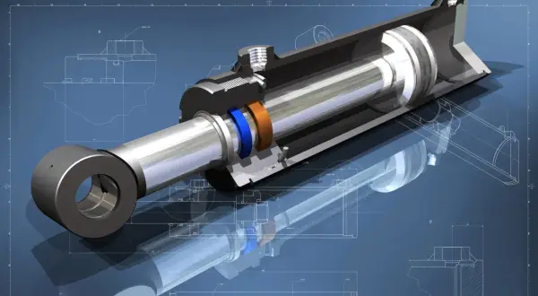 Przekrój przez wysprzęglik hydrauliczny, ukazujący jego wewnętrzne elementy, takie jak tłok, uszczelnienia i tłoczysko, na tle schematów technicznych.