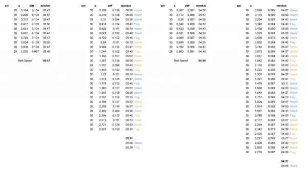 Tabellen zeigen Trainingsdaten, darunter Laufband Geschwindigkeit (min/km) und Puls (Watt).