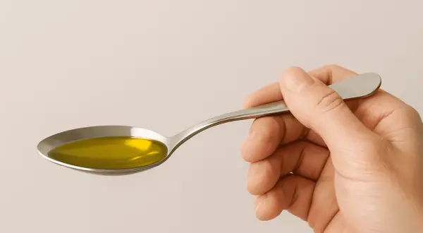 Una cuchara sostiene aceite de oliva dorado, un alimento que contiene vitamina D.