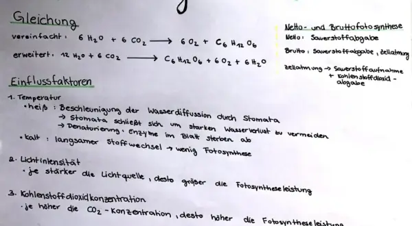 Die reaktionsgleichung fotosynthese wird erklärt, mit Einflussfaktoren wie Temperatur, Lichtintensität und CO₂-Konzentration.