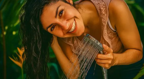 Lächelnde Frau spült sich die Haare mit Wasser. Vielleicht ein letzter Spülgang mit Apfelessig für glänzende Haare?