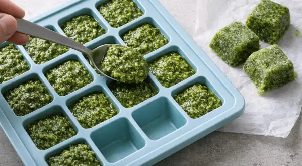 Czy pesto można mrozić? Tak! Porcje pesto w zamrażarce w formie kostek to świetny sposób na zachowanie świeżości.