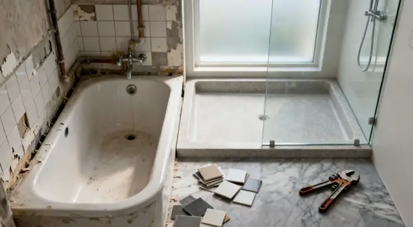 Baños en proceso de reforma, con una bañera antigua y un plato de ducha moderno listo para ser instalado.
