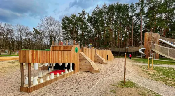 Drewniany aligator zaprasza do zabawy w parku linowym Lubin. Dzieci wspinają się po jego grzbiecie, a w paszczy czekają białe zęby.