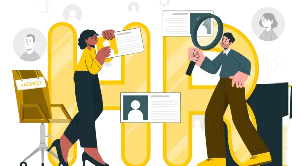 Persone esaminano curriculum per hr recruitment. Una sedia con cartello "Vacancy" è visibile.