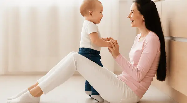 Une mère et son bébé se tiennent la main, souriants, assis sur le sol.
