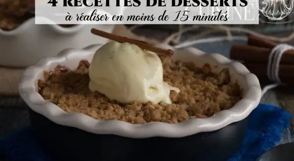 Un crumble aux pommes, dessert rapide dernière minute, servi avec une boule de glace à la vanille et un bâton de cannelle.