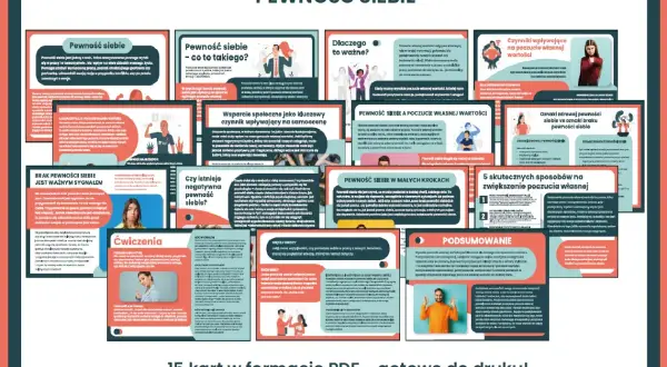 Jak być pewnym siebie w towarzystwie? Zestaw 15 kart PDF pomoże Ci budować pewność siebie i poczucie własnej wartości.