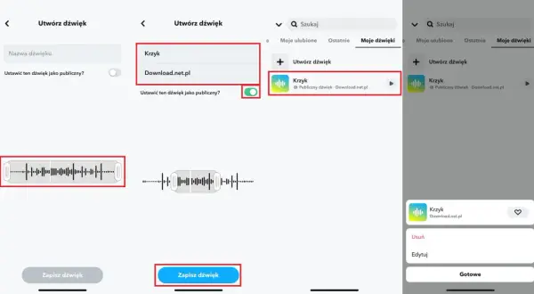 Jak ustawić oryginalny dźwięk Snapchat: wybierz "Krzyk" z Download.net.pl, aby dodać go do swoich dźwięków.