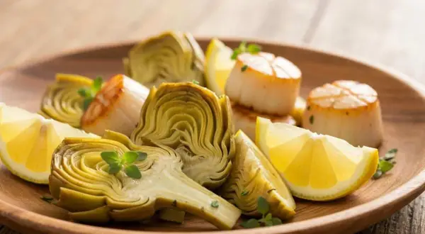 Assiette de Saint-Jacques poêlées et fleur d'artichaut coupée, garnie de quartiers de citron et de quelques herbes fraîches.
