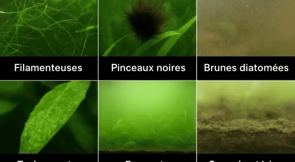 Aperçu de la liste des algues d'eau douce : filamenteuses, pinceaux noirs, brunes diatomées, taches vertes, eau verte et cyanobactéries.