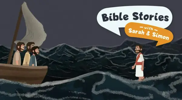 Jezus chodzi po wodzie, a uczniowie patrzą z łodzi. Opowieść z Biblii z Sarą i Szymonem.