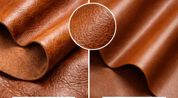 Confronto visivo: la differenza tra pelle ed ecopelle. La pelle vera mostra una grana irregolare e un aspetto vissuto, l'ecopelle una texture più uniforme.