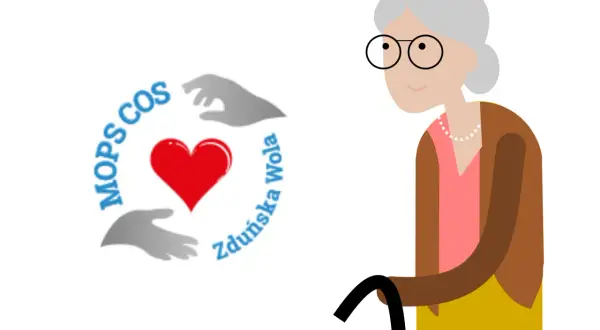 Grafika przedstawia starszą panią z laską i logo MOPS Zduńska Wola z sercem.