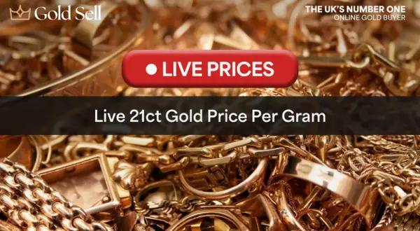 Stos złotej biżuterii, pierścionków i łańcuszków z napisem "Live Prices" i "Live 21ct Gold Price Per Gram".