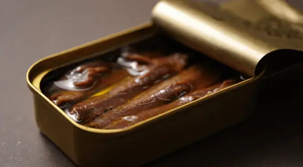 Latas doradas abiertas con las mejores anchoas del mundo, sumergidas en aceite.