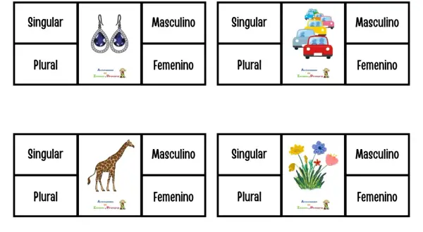 Cuatro tarjetas con divisiones para singular/plural y masculino/femenino, mostrando pendientes, coches, jirafa y flores.