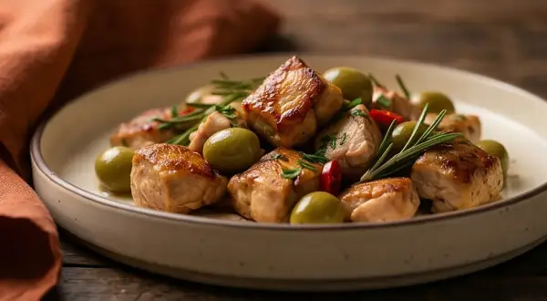 Delizioso spezzatino di pollo con olive verdi, rosmarino e peperoncino su un piatto rustico.