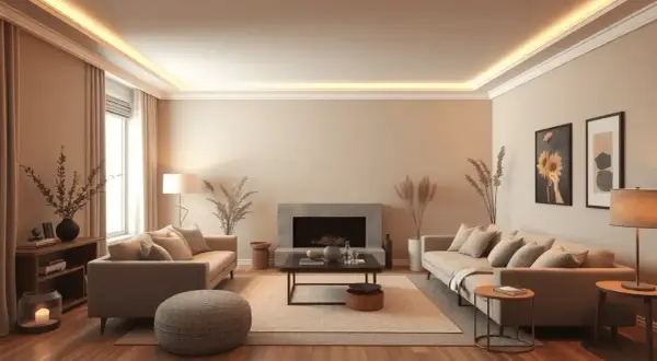 Salon cosy aux tons taupe et beige. Des canapés confortables, une cheminée moderne et des touches végétales créent une ambiance chaleureuse. Quelle couleur avec du taupe ? Le beige, le crème, et les tons terreux s'harmonisent parfaitement.