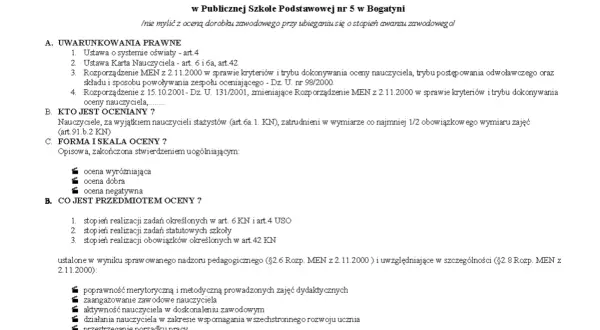 Fragment dokumentu "Ocena pracy nauczyciela" z nagłówkiem i listą punktów.