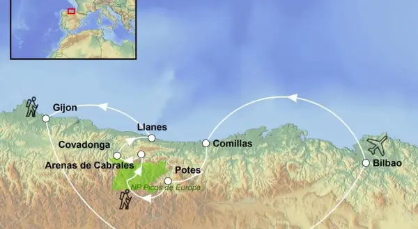 Reiseroute durch die Picos de Europa: Von Gijón über Covadonga und Potes bis Bilbao. Wandersymbole markieren den Weg.