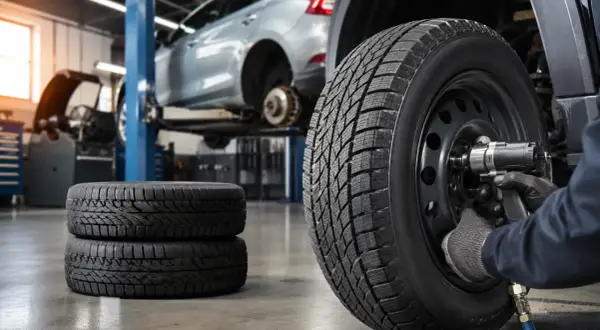 Werkstatt: Reifen werden montiert, ein Auto auf Hebebühne. Informiere dich über den reifen auswuchten preis für deine Sicherheit.
