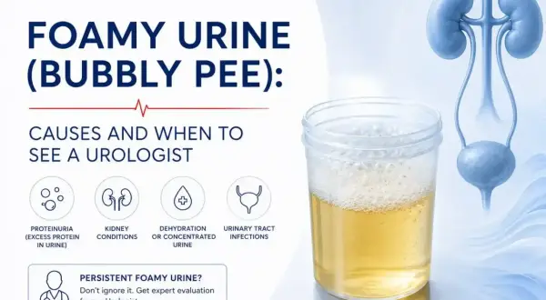 Pieniący się mocz w kubeczku, obok grafika układu moczowego. Informacje o przyczynach i kiedy zgłosić się do urologa.
