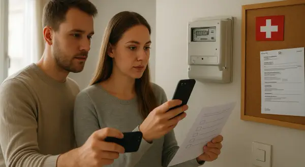Para z telefonami przy liczniku gazowym i arkuszem papieru.
