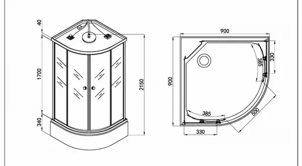 Rysunek techniczny kabiny prysznicowej z widokiem z boku i z góry. Podane są wymiary: 900x900 mm, wysokość 2150 mm.